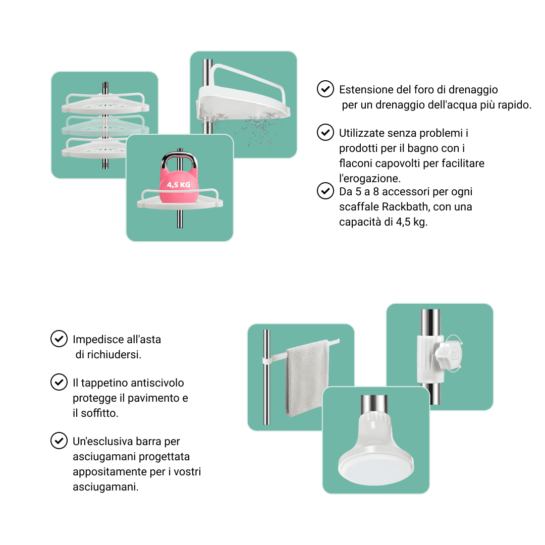 RACKBATH – mensola doccia che elimina il disordine e mantiene la tua doccia organizzata (senza forare, adatta a qualsiasi bagno) - immagine 2